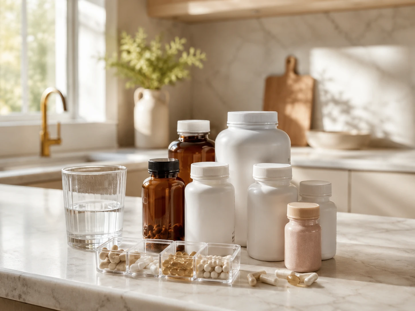 Clean kitchen with supplement bottles
